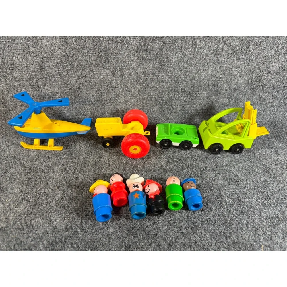Vintage Fisher Price Little People Vehicle Lot Helicopter Tractor Forklift 6 Fig